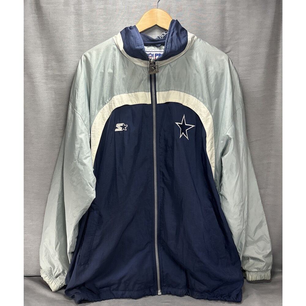 Vintage Starter Dallas Cowboys‎ NFL 90s Full-Zip Windbreaker Jacket Blue Hood XL